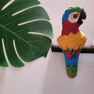 Wooden Mexican Folk Art Parrot on a Perch